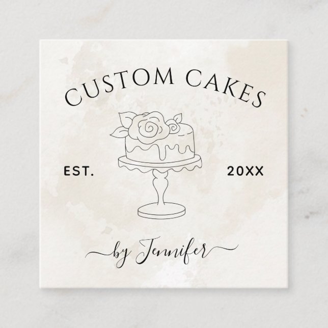 Cartão De Visita Quadrado Casamento Personalizado e Design de Bolo de Aniver (Frente)