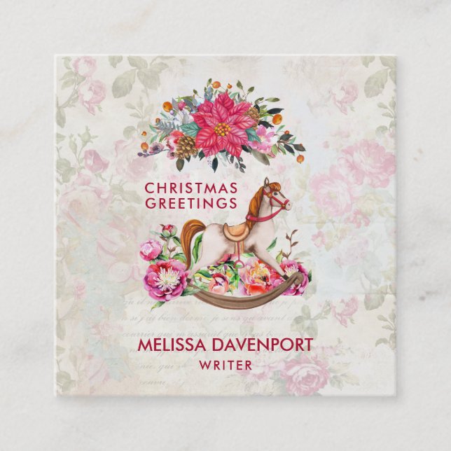 Cartão De Visita Quadrado Cavalo de Balanço Vitoriano & Poinsettia Natal (Frente)