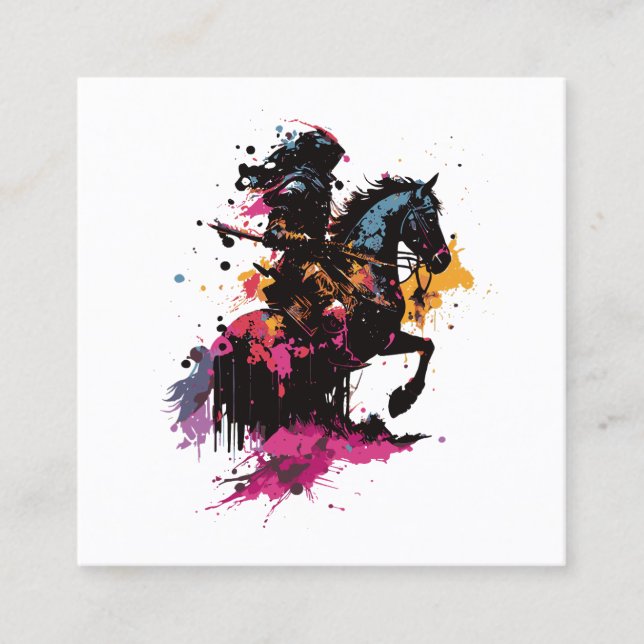 Cartão De Visita Quadrado Cavalo de cavalaria de guerra na aquarela (Frente)