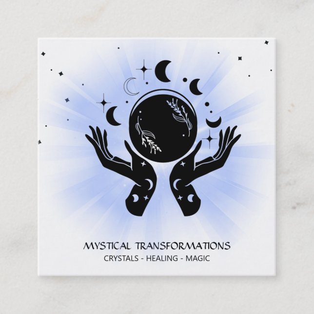 Cartão De Visita Quadrado *~* Celestial Mãos Luna Lua Magia Luz Boho (Frente)