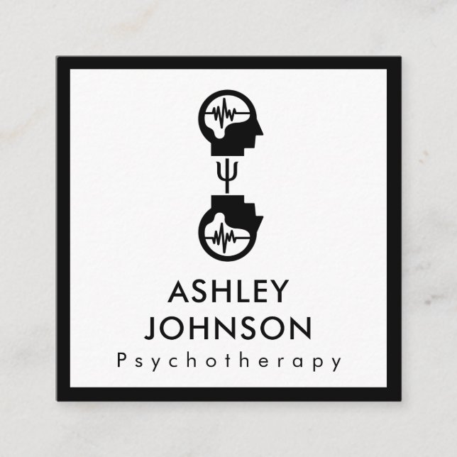 Cartão De Visita Quadrado Cérebro negro e branco de psicoterapia (Frente)