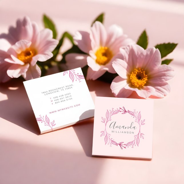 Cartão De Visita Quadrado Cesto Botânico de Aquarela Floral Rosa Elegante (Pink Elegant Floral Watercolor Botanical Crest Square Business Card)