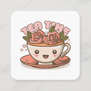 Cartão De Visita Quadrado Chá Hora Rosa Chá Kawaii