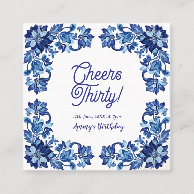 Cartão De Visita Quadrado Cheers thirty birthday royal blue floral border na (Frente)