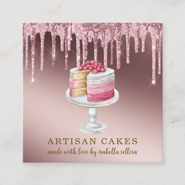 Cartão De Visita Quadrado Chef de padaria, Rosa de limpeza Dourada (Frente)