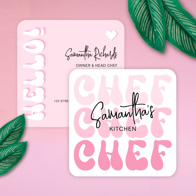 Cartão De Visita Quadrado Chef de padaria Trendy Retro Rosa Girassol Caterin (Catering business cards in girly pink colors with retro fonts and trendy layout)