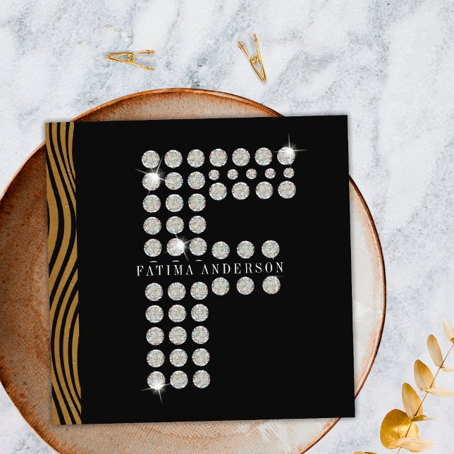 Cartão De Visita Quadrado Chic Black Dourada Diamond Inicial F Monograma QR  (Front)