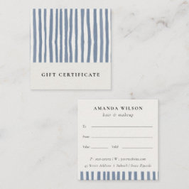 Cartão De Visita Quadrado Chic Dusky Blue Watercolor Strips Gift Certificate
