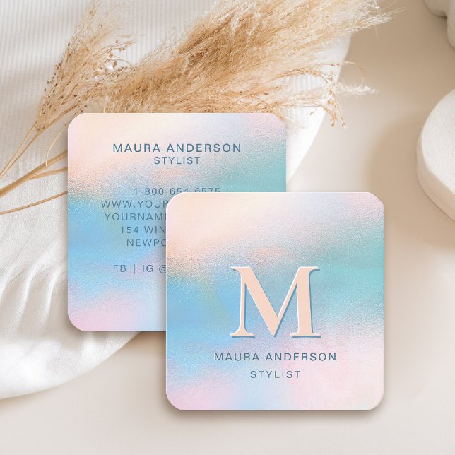 Cartão De Visita Quadrado Chic Elegante Holo Elegante Azul de Monograma Mode (holographic teal blue business card square peach monogram hairdresser stylist artist lash nails)