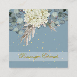 Cartão De Visita Quadrado Chic Floral Dourado Azul Dusty Profissional