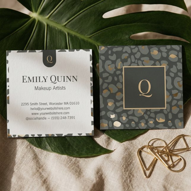 Cartão De Visita Quadrado Chic Luxury Monogram Leopard Cheetah Print Beauty  (Chic Luxury Monogram Leopard Cheetah Print Beauty Square Business Card)