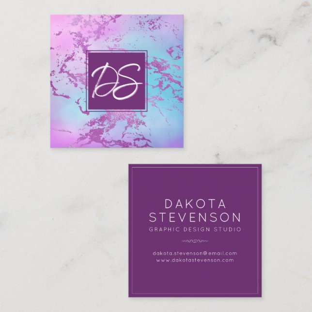 Cartão De Visita Quadrado Chic Marble | Glitzy Glam Purple e Blue Branding (Frente/Verso)
