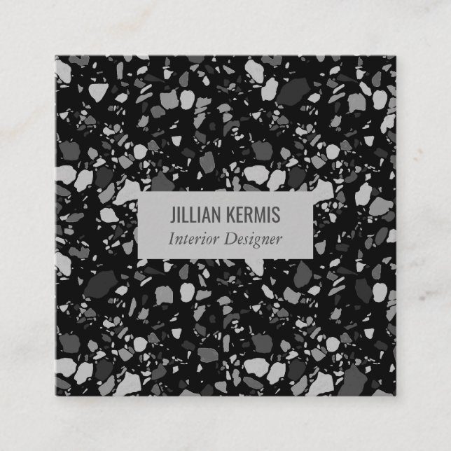 Cartão De Visita Quadrado Chic terrazzo elegante preto em escala cinzenta (Frente)