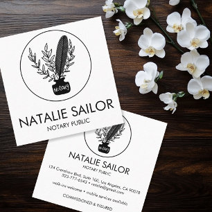 Cartão De Visita Quadrado Chique Logotipo de Pena Botânica Elegante Notário