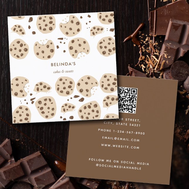 Cartão De Visita Quadrado Chocolate Chip Cookies Fazendo Código QR Mídia Soc (Chocolate Chip Cookies Baking QR Code Social Media Square Business Card)
