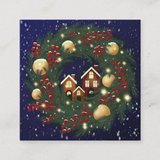 Cartão De Visita Quadrado Christmas wreath with pine branches (Frente)