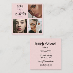 Cartão De Visita Quadrado Cílios de Foto 3 Script Preto Rosa Blush Elegante