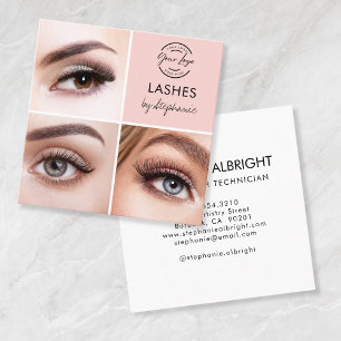 Cartão De Visita Quadrado Cílios de Foto 3 Script Preto Rosa Blush Elegante
