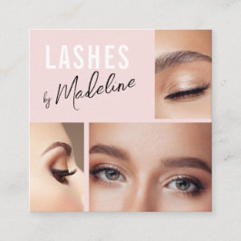 Cartão De Visita Quadrado Cílios de Foto 3 Script Preto Rosa Blush Elegante