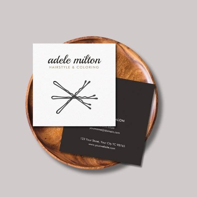 Cartão De Visita Quadrado Cinza Elegante Moderna White Bobby Pins Hairstylis (Criador carregado)