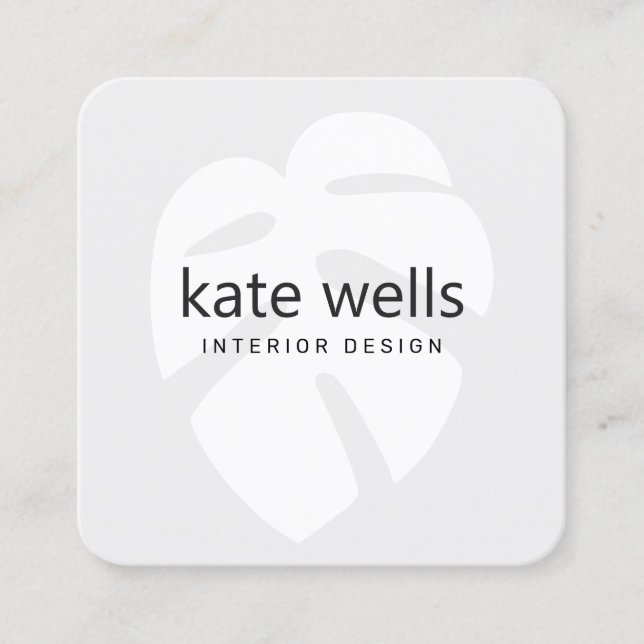 Cartão De Visita Quadrado Cinza Monstera Tropical Leaf Logo Designer Interio (Frente)