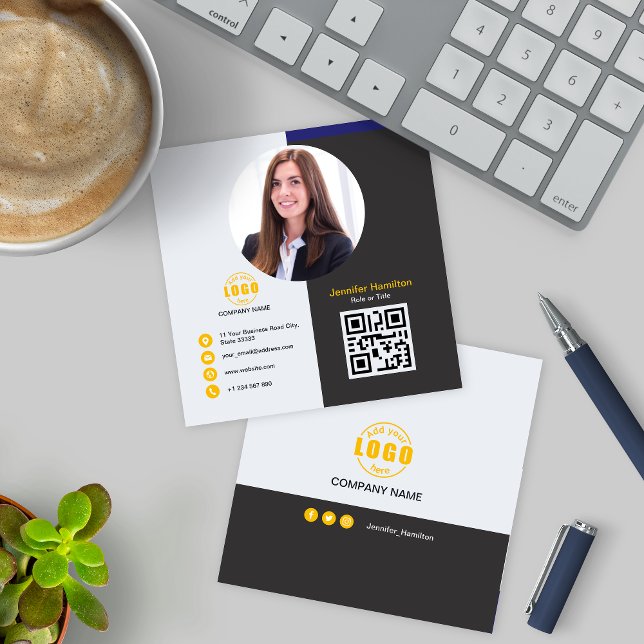 Cartão De Visita Quadrado Cinza profissional Amarelo adicione sua foto QR Co (Criador carregado)