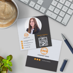 Cartão De Visita Quadrado Cinza profissional Laranja adiciona sua foto QR Co