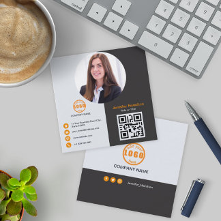 Cartão De Visita Quadrado Cinza profissional Laranja adicionar seu código QR
