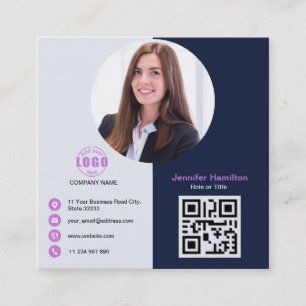 Cartão De Visita Quadrado Cinza profissional Roxo adicione sua foto QR Code 