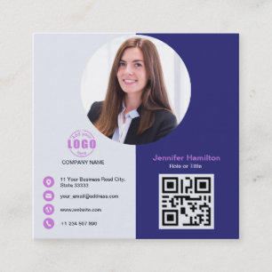 Cartão De Visita Quadrado Cinza profissional Roxo adicione sua foto QR Code 