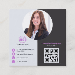 Cartão De Visita Quadrado Cinza profissional Roxo adicione sua foto QR Code
