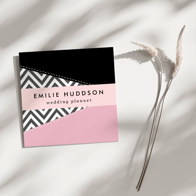 Cartão De Visita Quadrado Cinza Zigzag, Cinza Chevron, Zigzag Patterno, Rosa (Criador carregado)