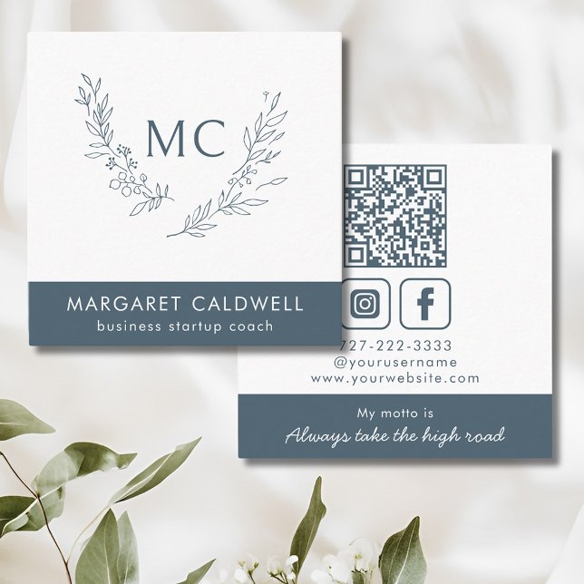 Cartão De Visita Quadrado Cinzas Neutras de Banho Monograma (Slate Gray Monogram Wreath Social Media Square Business Card)