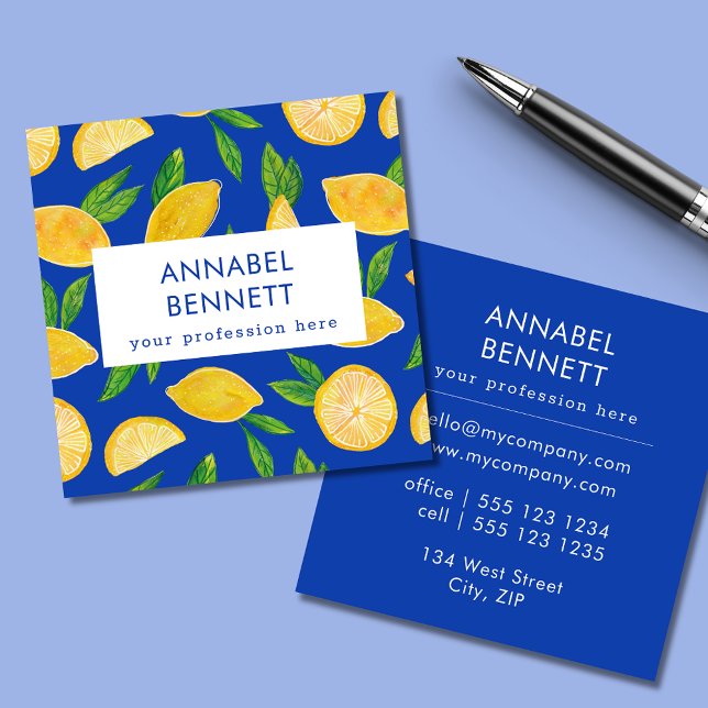 Cartão De Visita Quadrado Citrus Lemon Colorors, profissional (Citrus lemon professional square business card in blue.)
