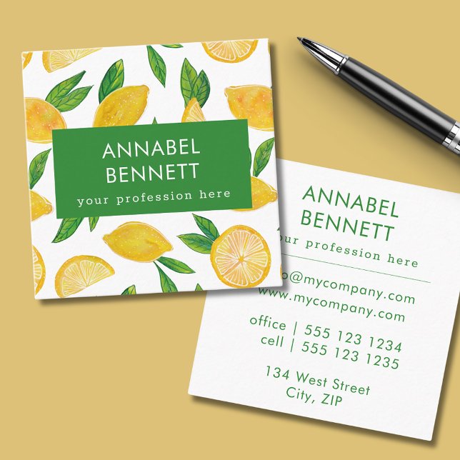 Cartão De Visita Quadrado Citrus Lemon, profissional (Lemon Pattern Professional Square Business Card)