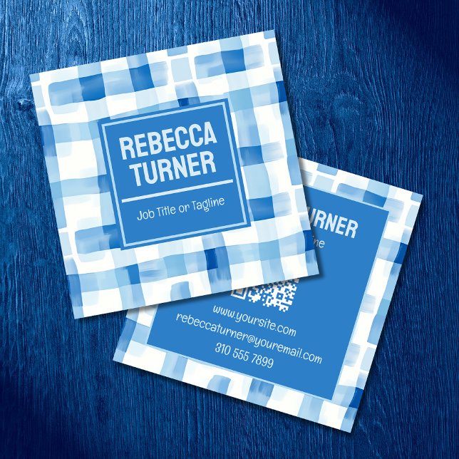 Cartão De Visita Quadrado Classic Blue and White Gingham Checkered , QR Code (Criador carregado)