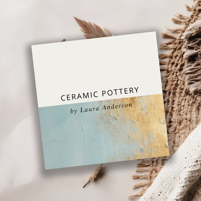 Cartão De Visita Quadrado Clássica Artística Dusky Azul Dourada Textura (Criador carregado)