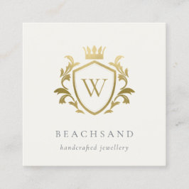 Cartão De Visita Quadrado Clássico Elegante Dourado Monograma Fleal Crest