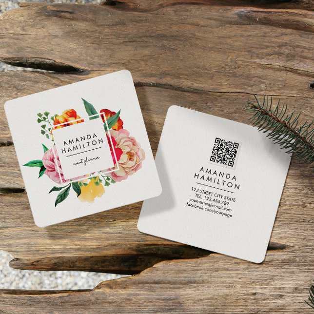 Cartão De Visita Quadrado Clássico Moderno CÓDIGO QR Floral Peony Peony Clor (Criador carregado)