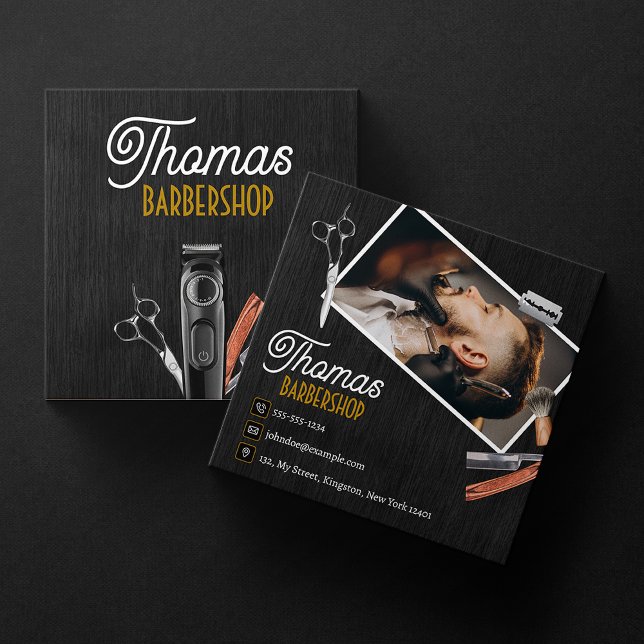 Cartão De Visita Quadrado Clipper de Cabelo de Tesoura de Compro de Madeira  (Criador carregado)