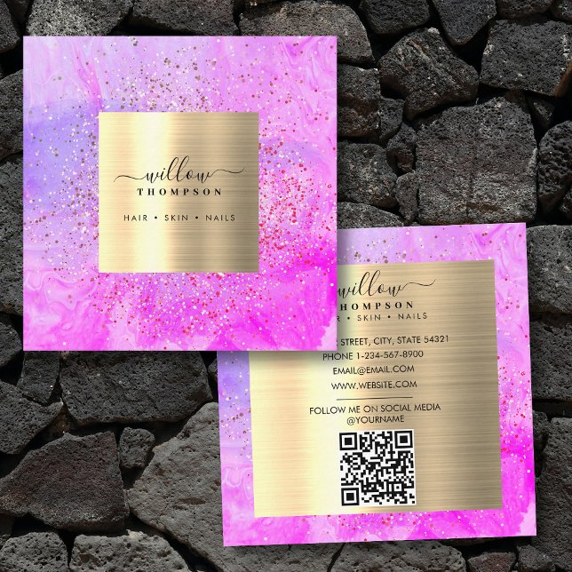 Cartão De Visita Quadrado Cód. Água - mármore púrpura mármore faux Dourado - (Watercolor Purple Marble Faux Gold Glitter QR Code Square Business Card)