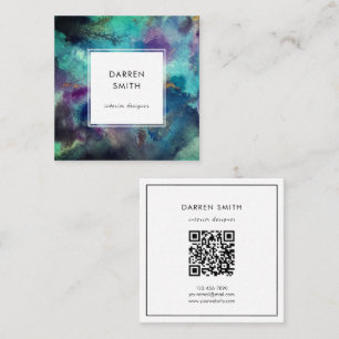 Cartão De Visita Quadrado Código QR Abstrato Aquarela Azul Vibrante Moderno