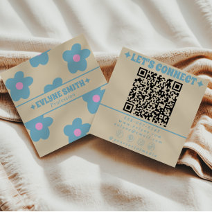 Cartão De Visita Quadrado Código QR Azul Creme Retro Floral Divertido Boho G
