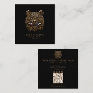 Cartão De Visita Quadrado Código Qr Bronze Urso Loja de Barbeiro Profissiona