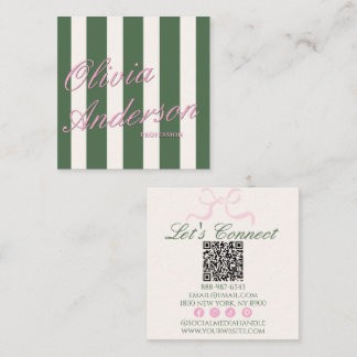 Cartão De Visita Quadrado Código QR Coquete de Luxo Rosa Verde Retro Dinheir
