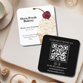 Cartão De Visita Quadrado Código QR Cupcake branco preto
