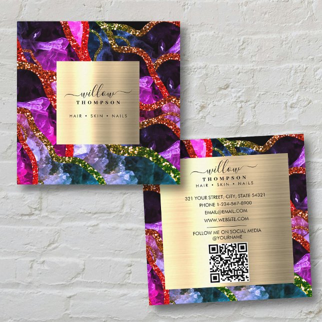 Cartão De Visita Quadrado Código QR da Gama de Bótulo Púrpura Holográfica Ho (Holographic Opal Purple Geode Agate QR Code Square Business Card)