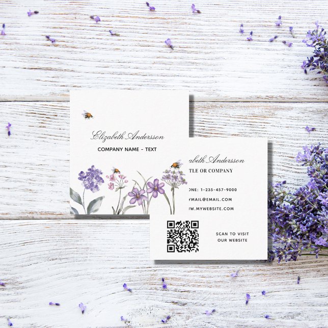 Cartão De Visita Quadrado Código QR da lavanda violeta de flores silvestres (Criador carregado)