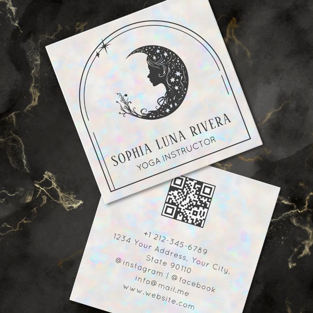 Cartão De Visita Quadrado Código QR da Lua do Crescente Celestial da Arca Ho (Holographic Arch Celestial Crescent Moon QR Code Square Business Card)