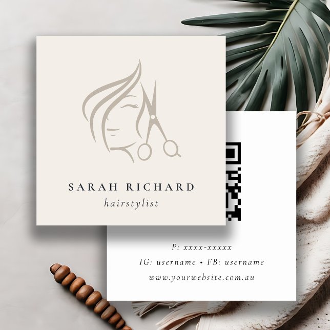 Cartão De Visita Quadrado Código QR da Tesoura do Cabelo de Marfim Hairstyli (Criador carregado)